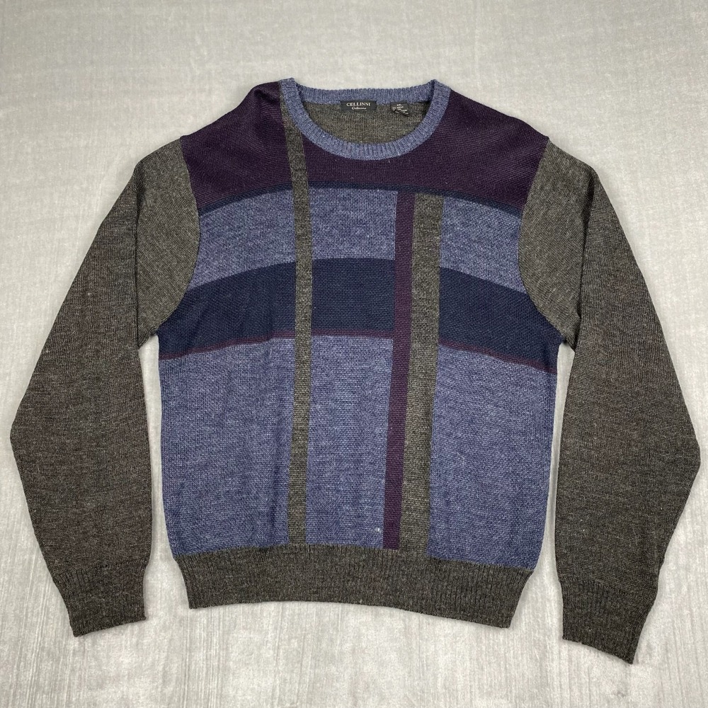 Vtg 90s Cellinni Sweater Mens 2XL Blue Colorblock Wool‎ Blend Baggy Preppy
